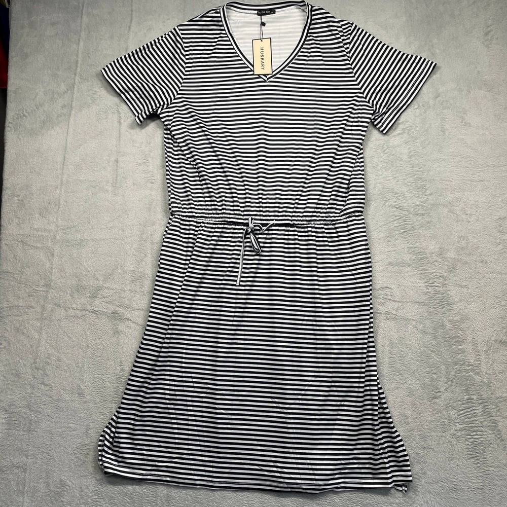 Huskary T-Shirt Dress Womens Black White Striped V-Neck Elastic Waist Midi XXL